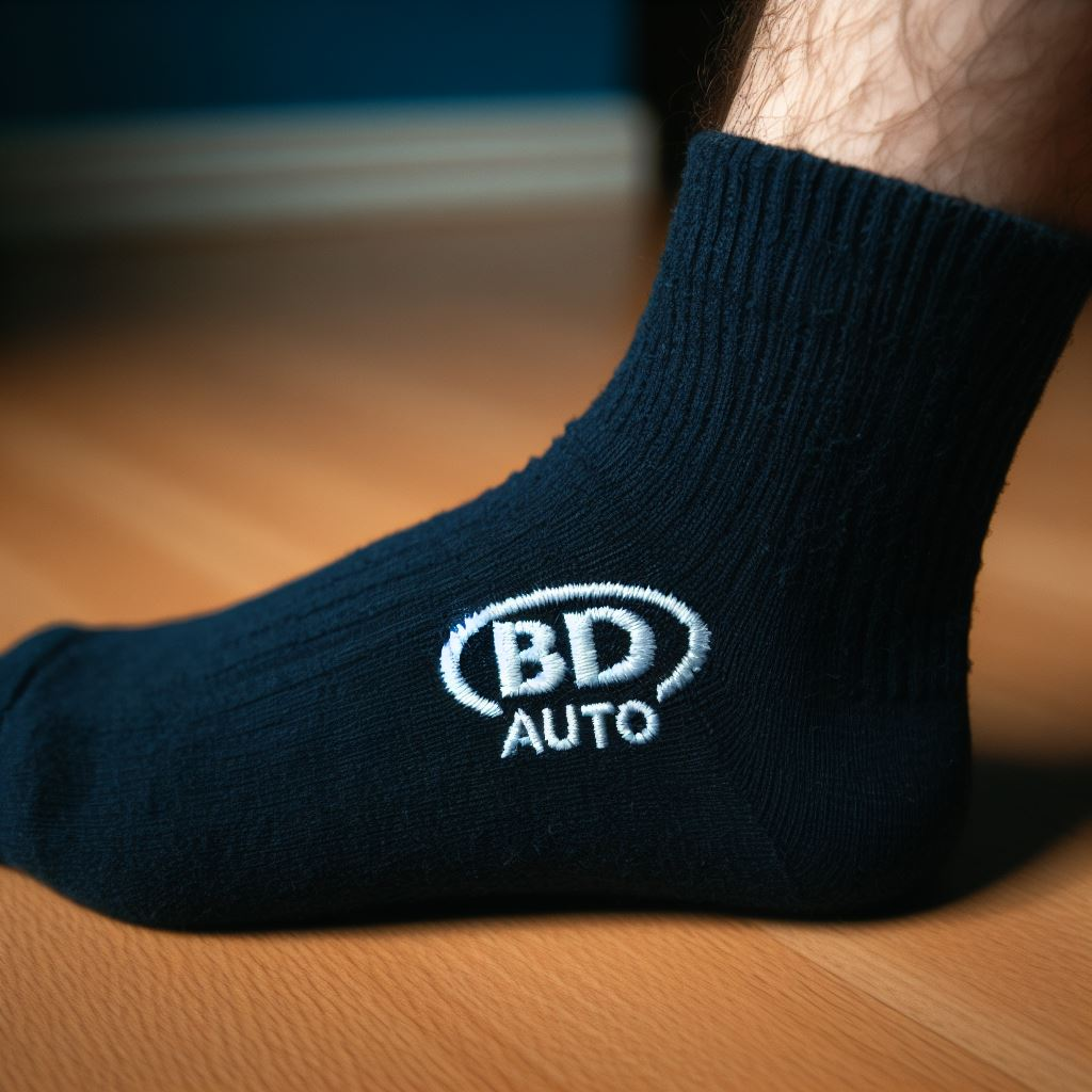 A person wearing black custom socks with the logo of a small business.