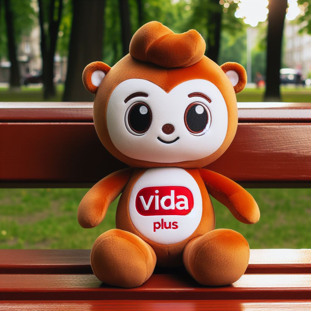 A custom plush mascot with a red-brown mixed color with the company's logo on its chest sitting on a park bench.