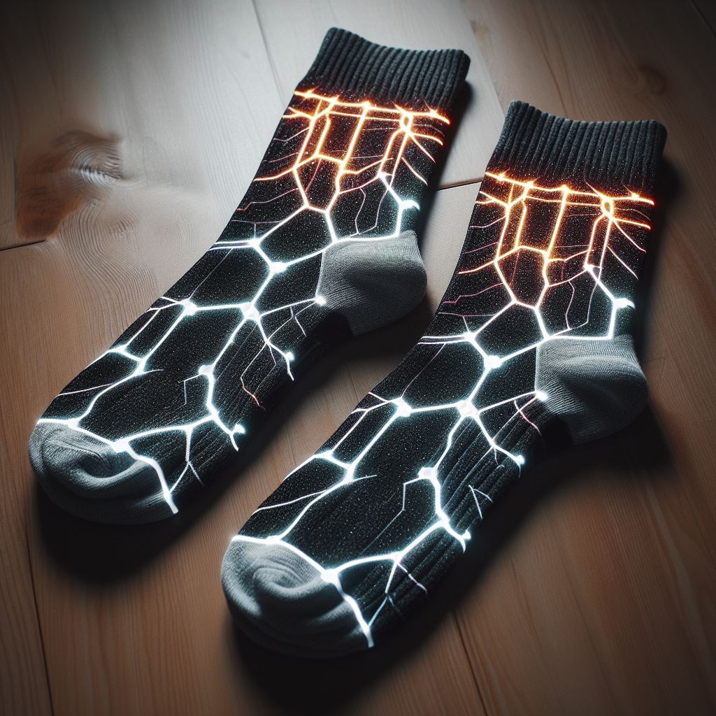 Custom socks for summer with reflective threads lying on the floor.