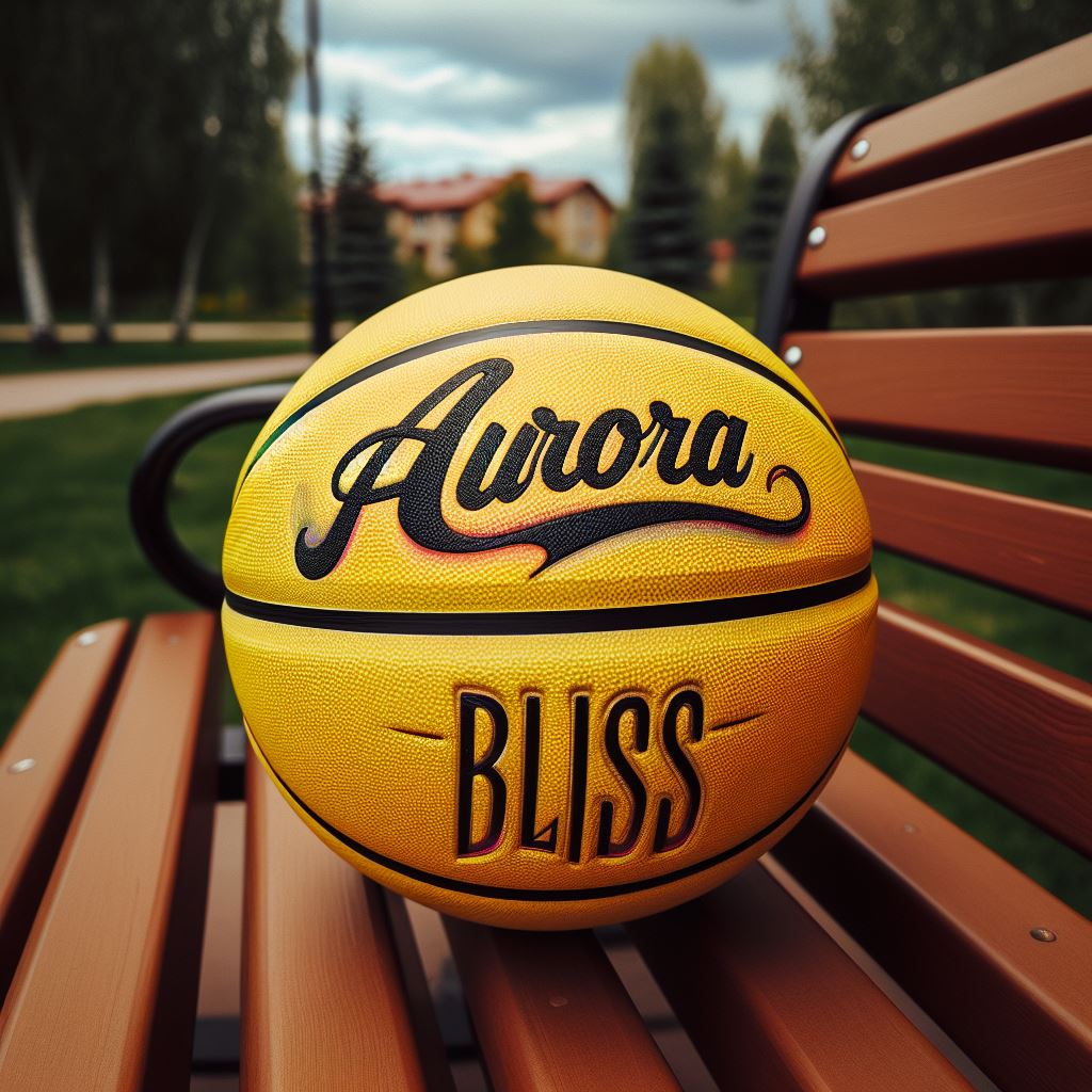 A yellow promotional basketball with the company's logo on a park bench.