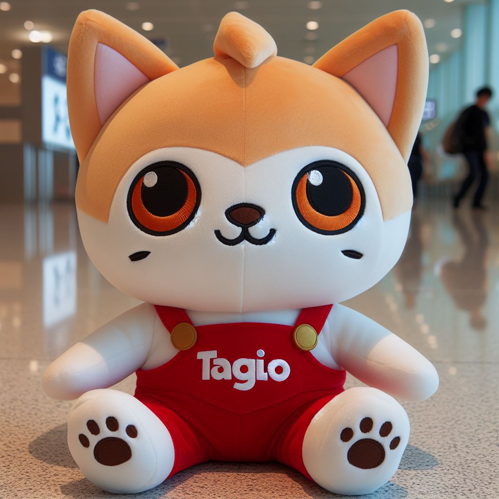 A custom stuffed toy with a company's logo on its red t-shirt. It is sitting on the floor.