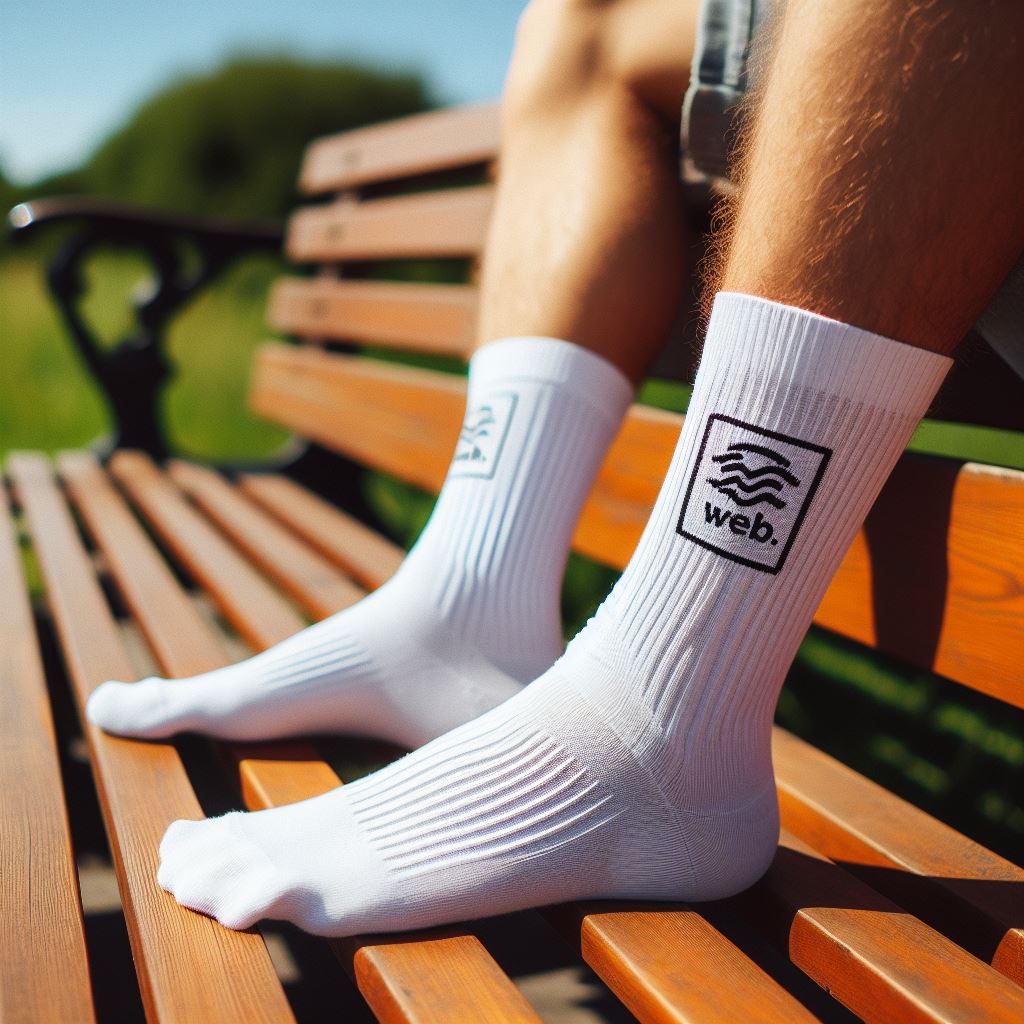 A person sitting on a park bench wearing white custom logo socks.