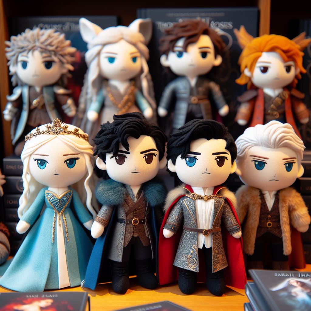 Custom plush toys from the book on a table Sarah J. Maas's "A Court of Thorns and Roses" series.