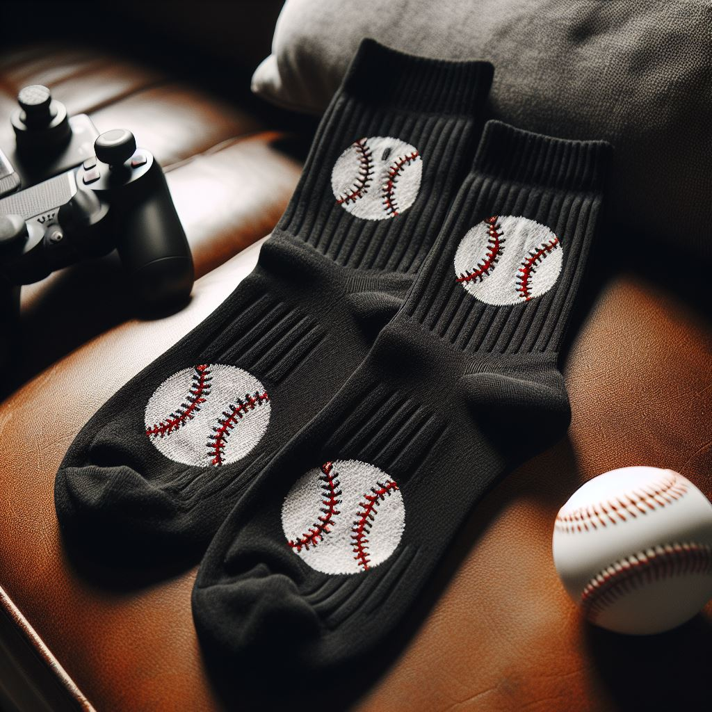 Custom socks with an image of baseball embroidered.