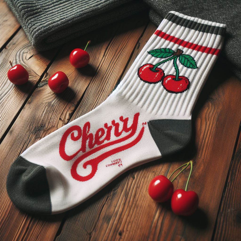 A white custom sock with a red colored logo on it lying on a table.