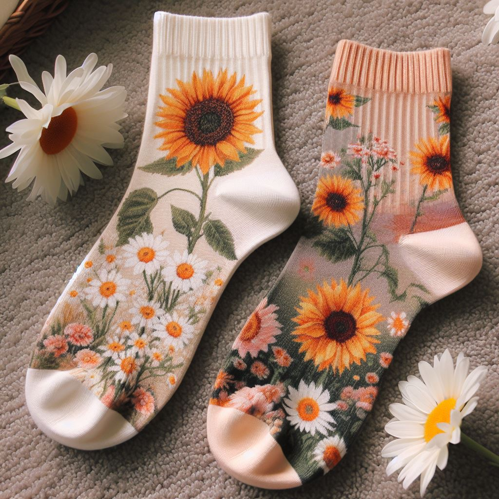 Floral printed custom socks from EverLighten. They are lying on the floor.