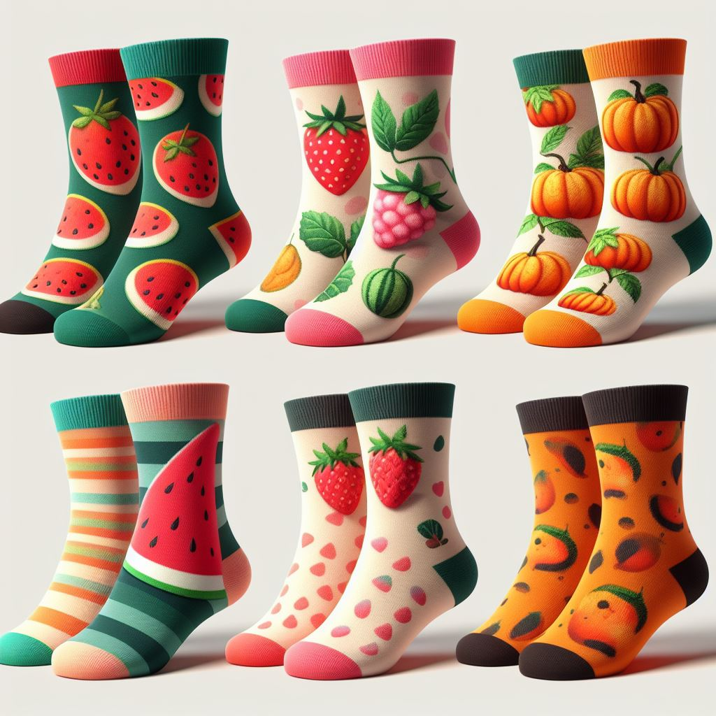 Various custom socks with fruits on them. They are manufactured by EverLighten using a dye-sublimation technique.