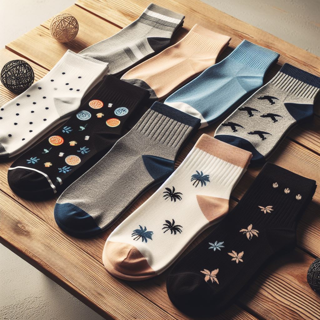 Custom socks for summer with options like charcoal or jet black for richer variations. They are on a table.