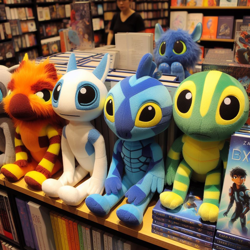 Custom plush toys from the book Planet Nowhere in a bookstore.