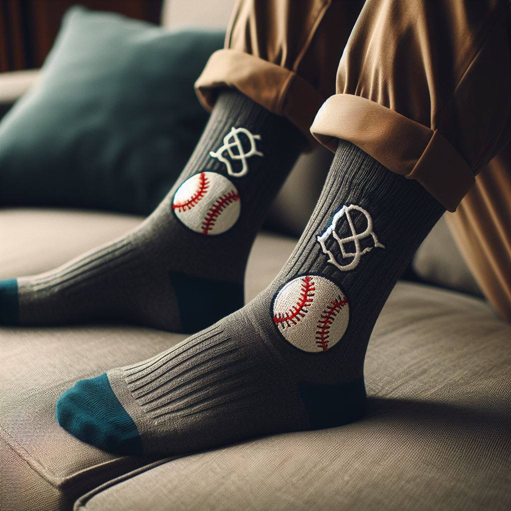 A person wearing custom socks with images embroidered on them.