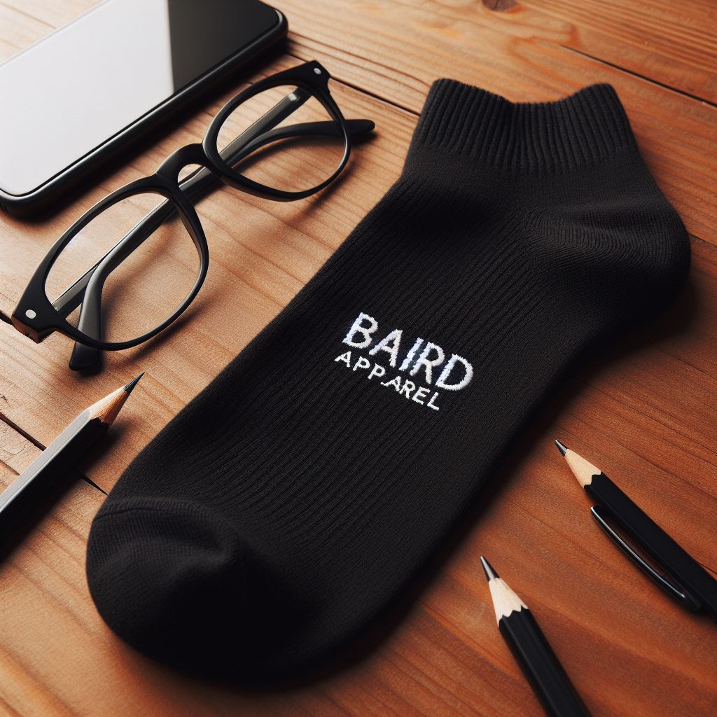A black custom sock with a white colored logo on it lying on a table.