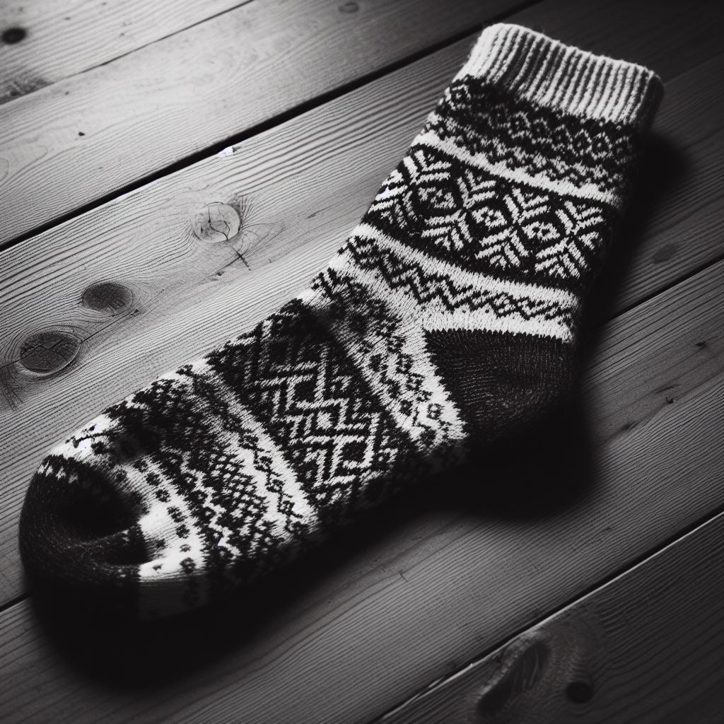 A black and white woolen custom sock is lying on the floor.