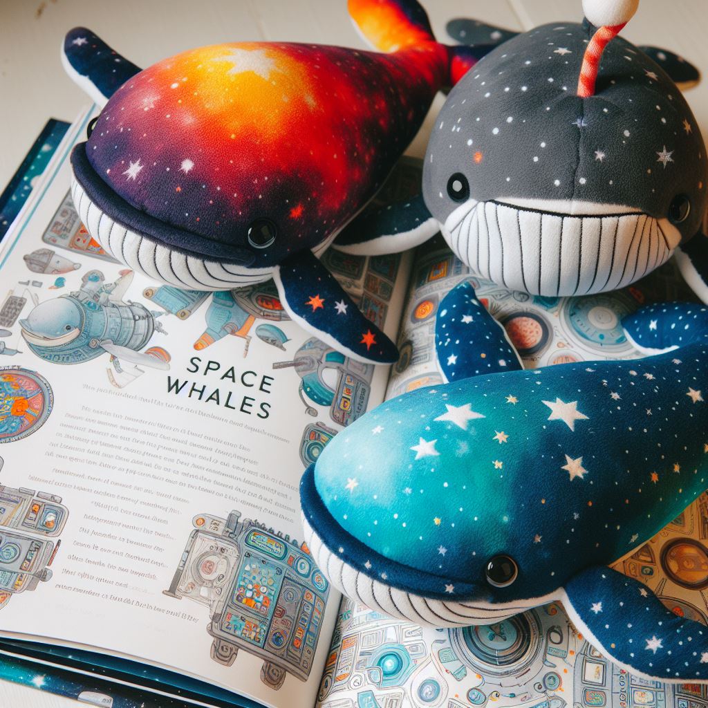 Colorful custom plushie space whales from a book.