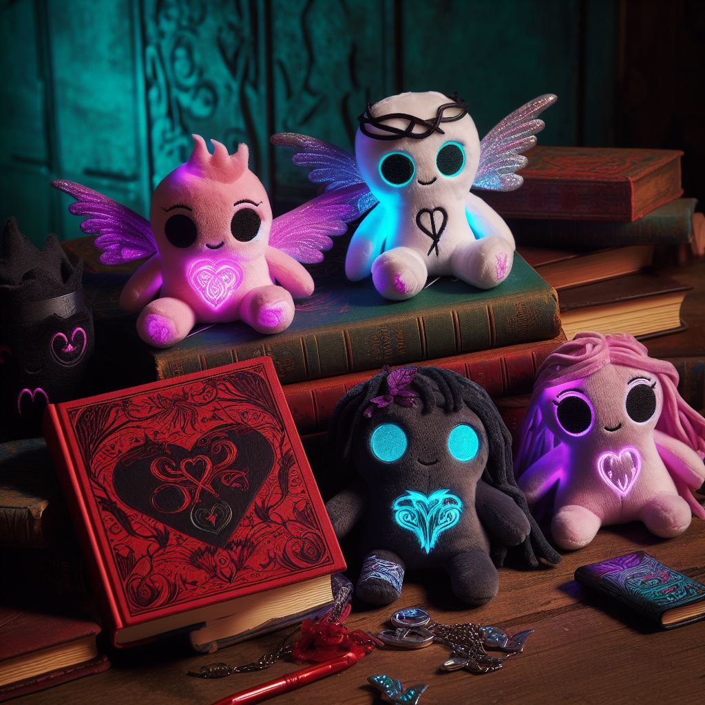 Custom plush toys are kept on an old table from the book The Paper & Hearts Society by Cassandra Clare and Holly Black.