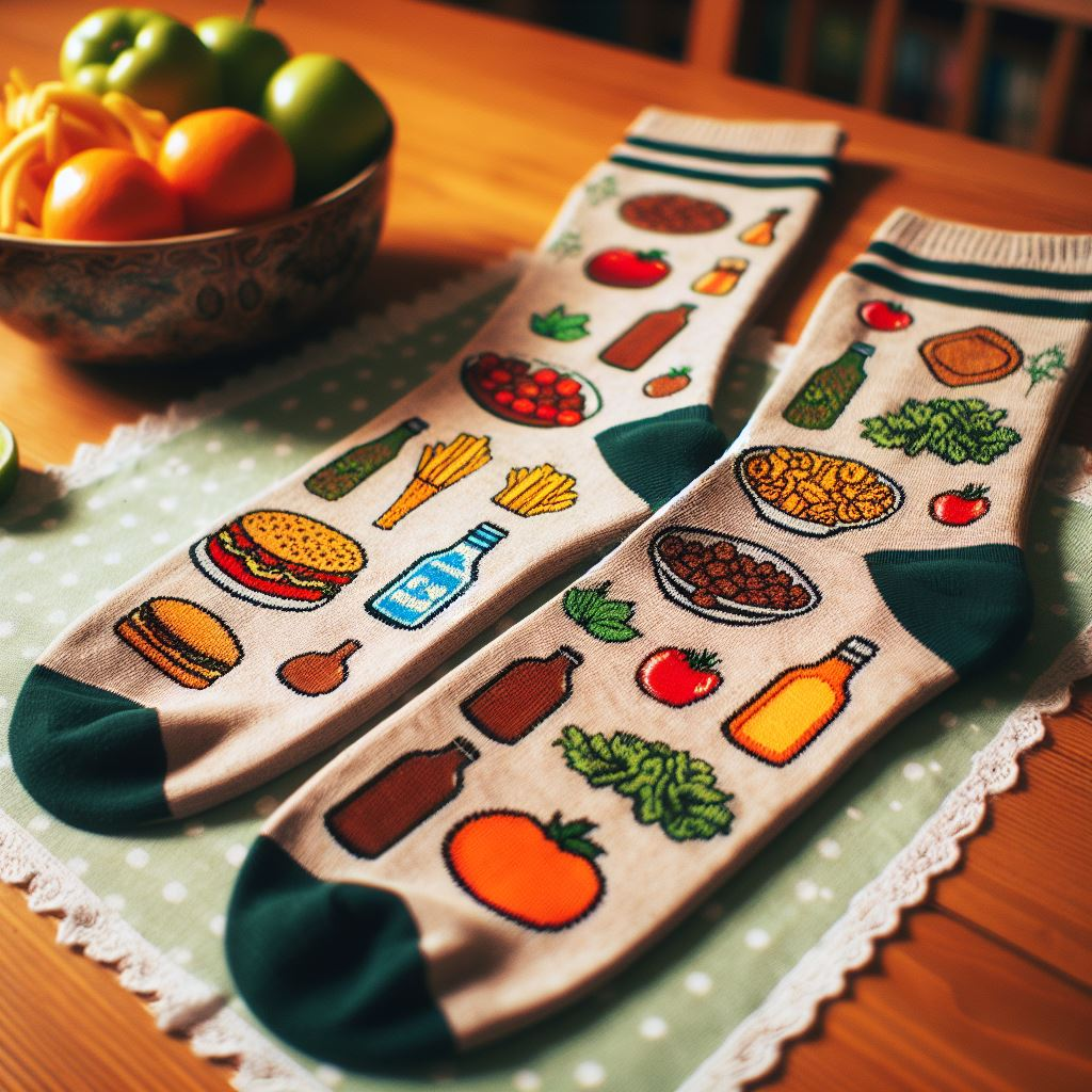 Custom socks with images of food embroidered on them.