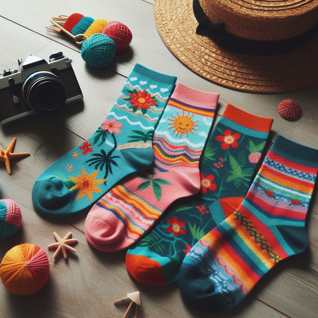 Custom socks for summer with vibrant colors and patterns are kept on the floor.