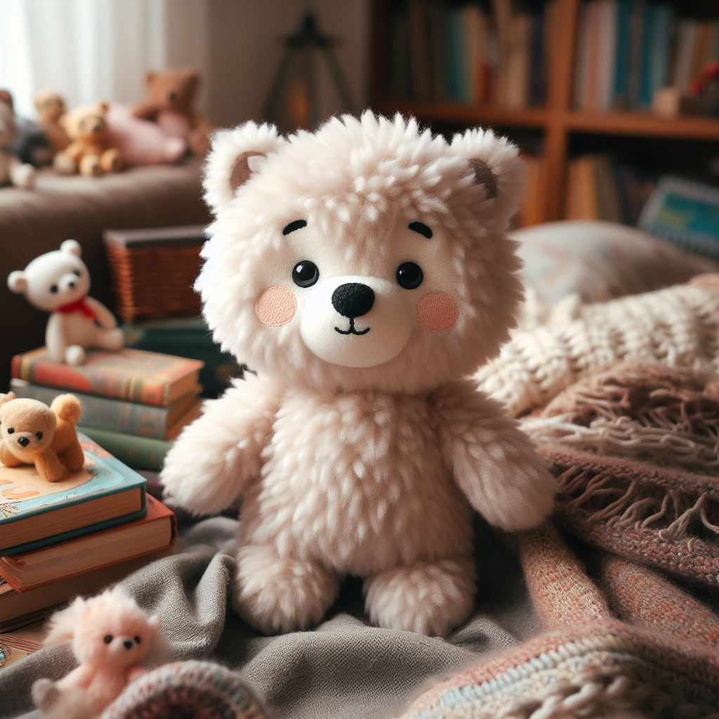 A custom plush stuffed bear from a book.