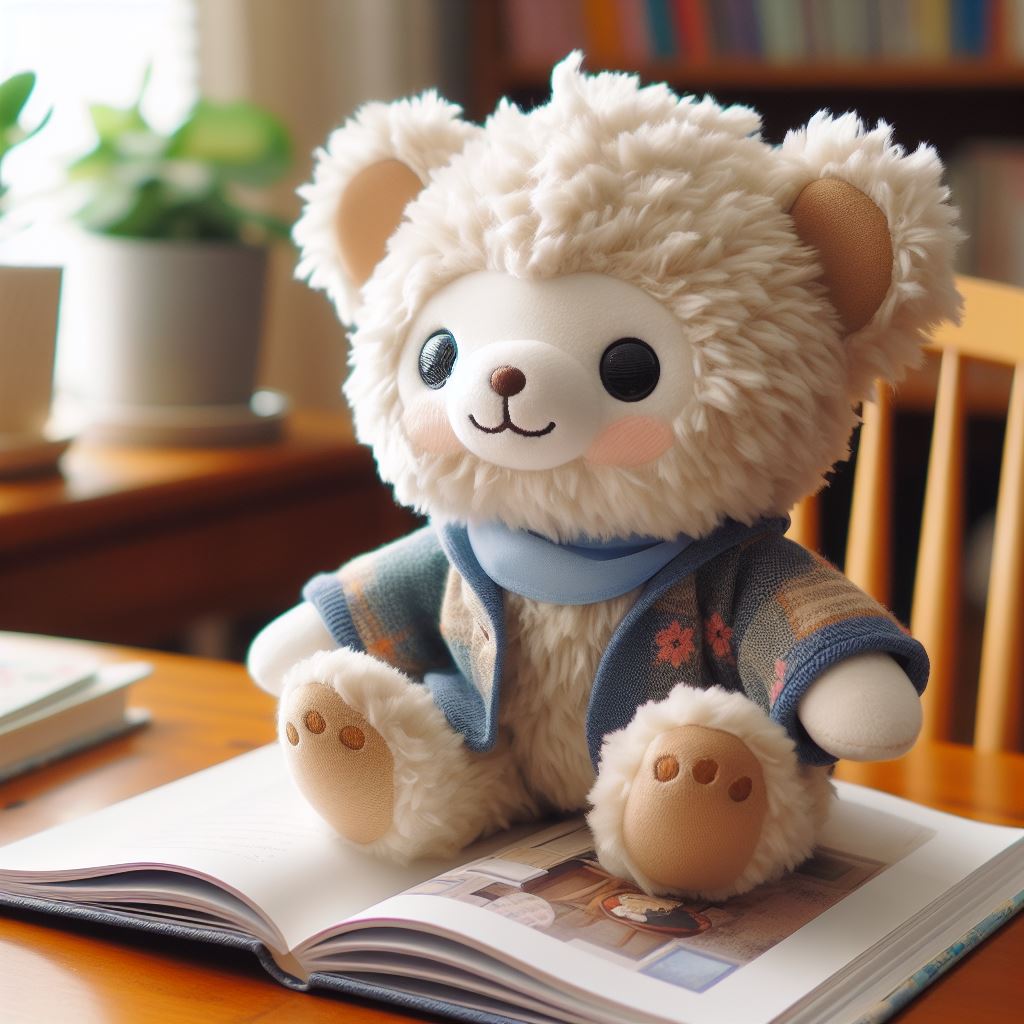 A cute custom plush toy based on a book. It is sitting and reading the book. 