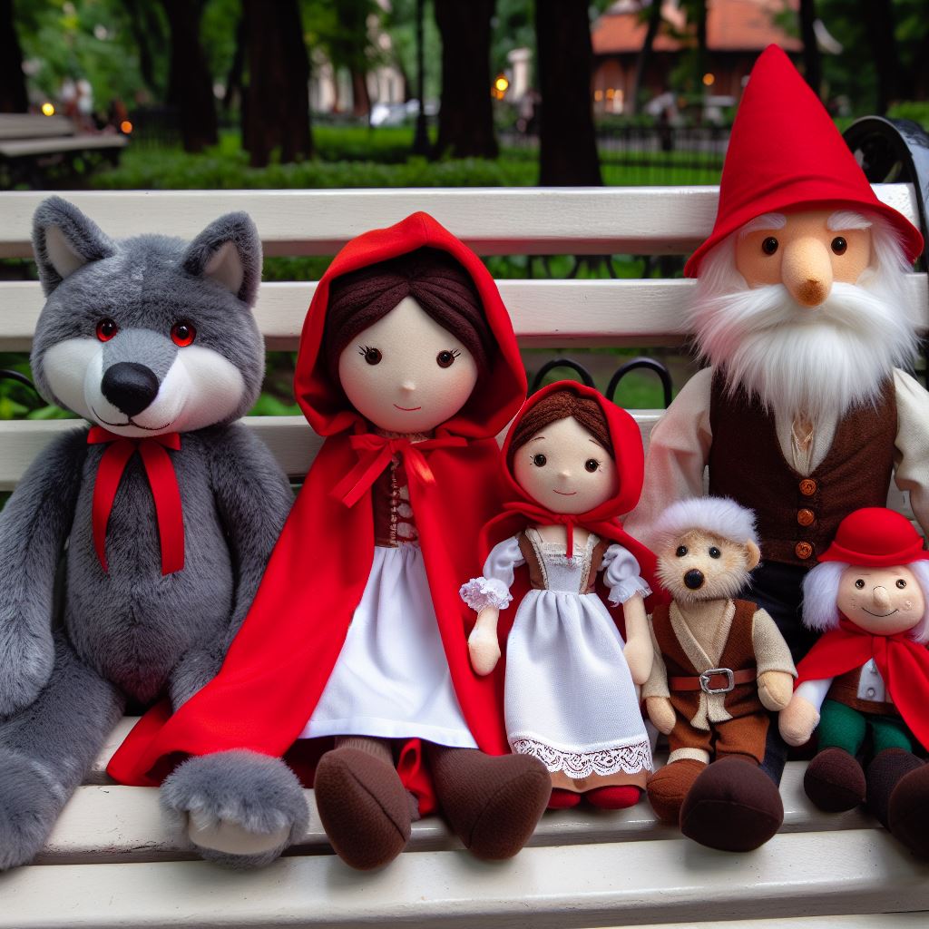 Custom plush toys from the book Red Riding Hood on a park bench.