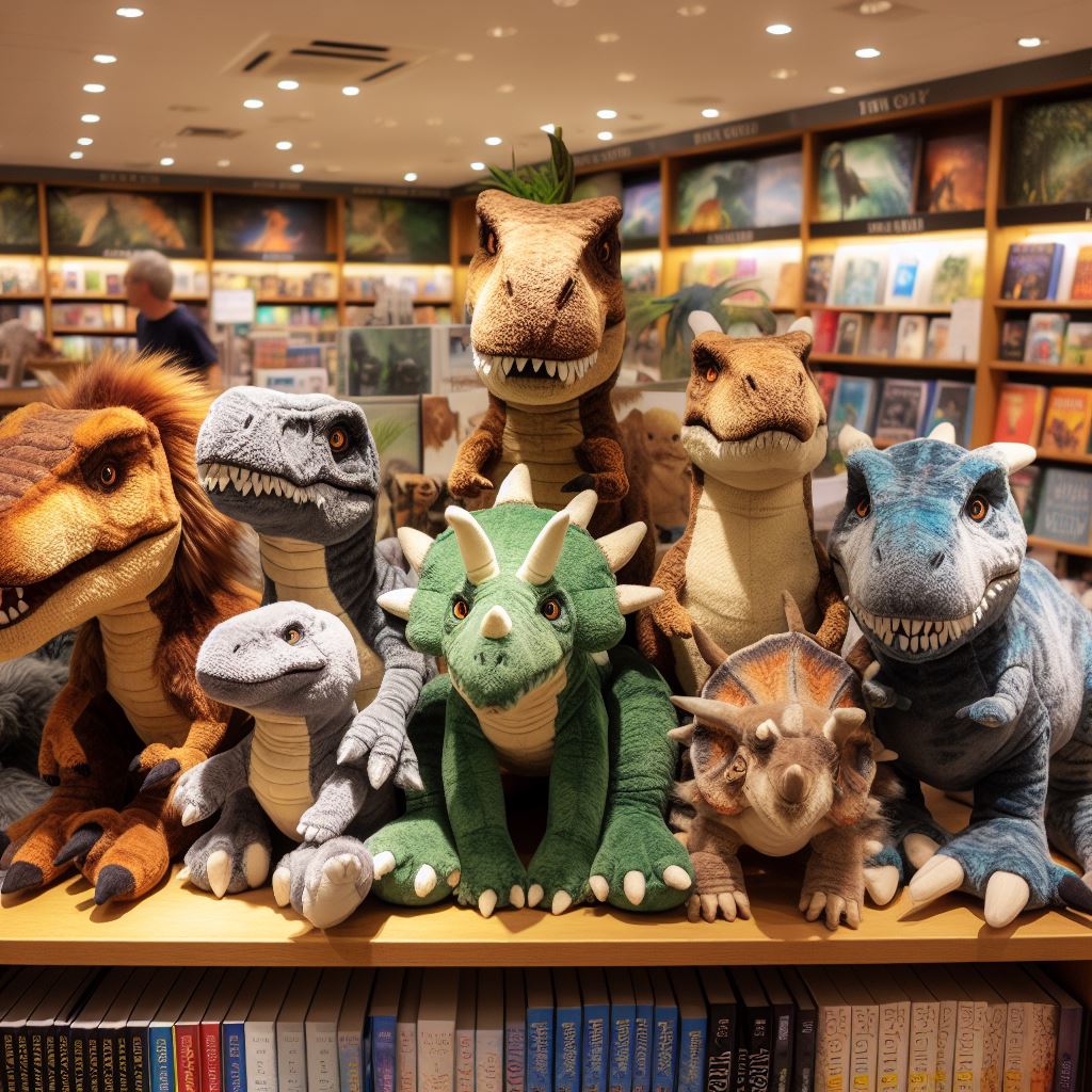 Custom plush toys from the book The Lost World are kept in a bookstore.