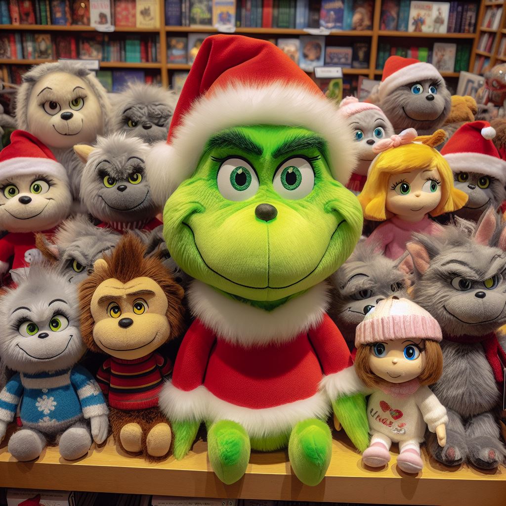 Custom plush toys from the book The Grinch are kept in a bookstore.