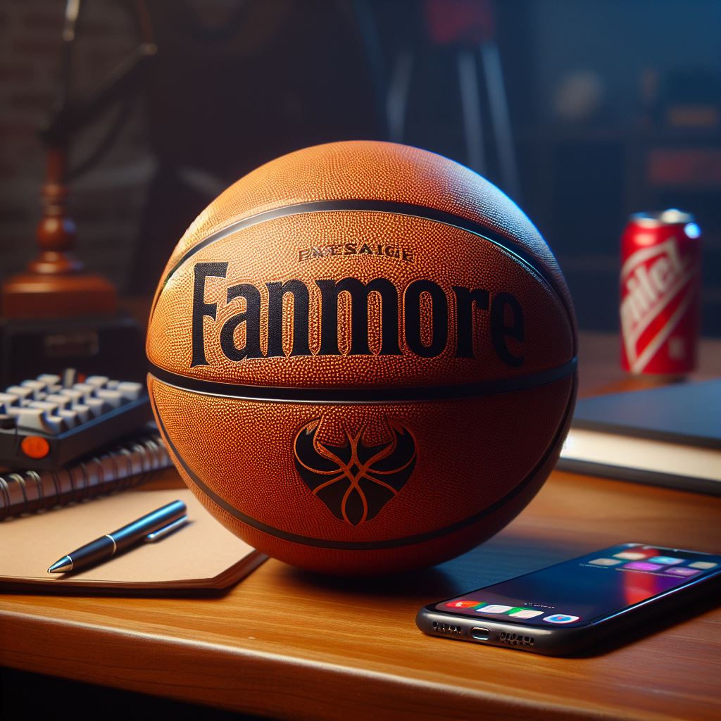 A custom basketball with a logo kept on a desk.