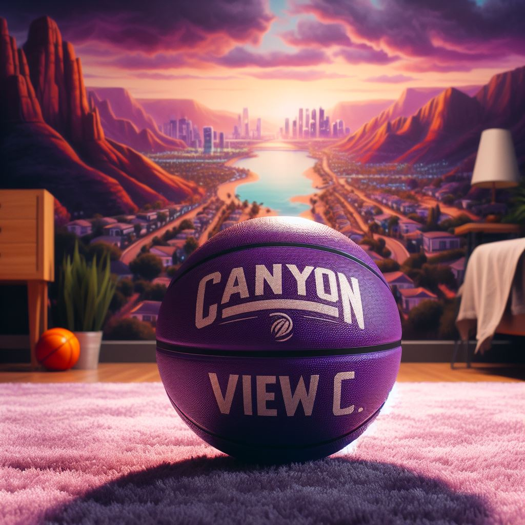 A purple custom basketball with the company's logo on a carpet. It is designed and manufactured by EverLighten.