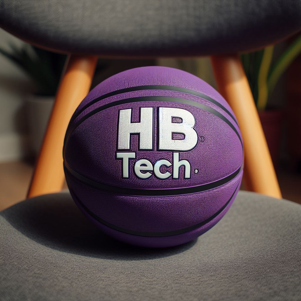 A purple custom logo basketball on a chair.