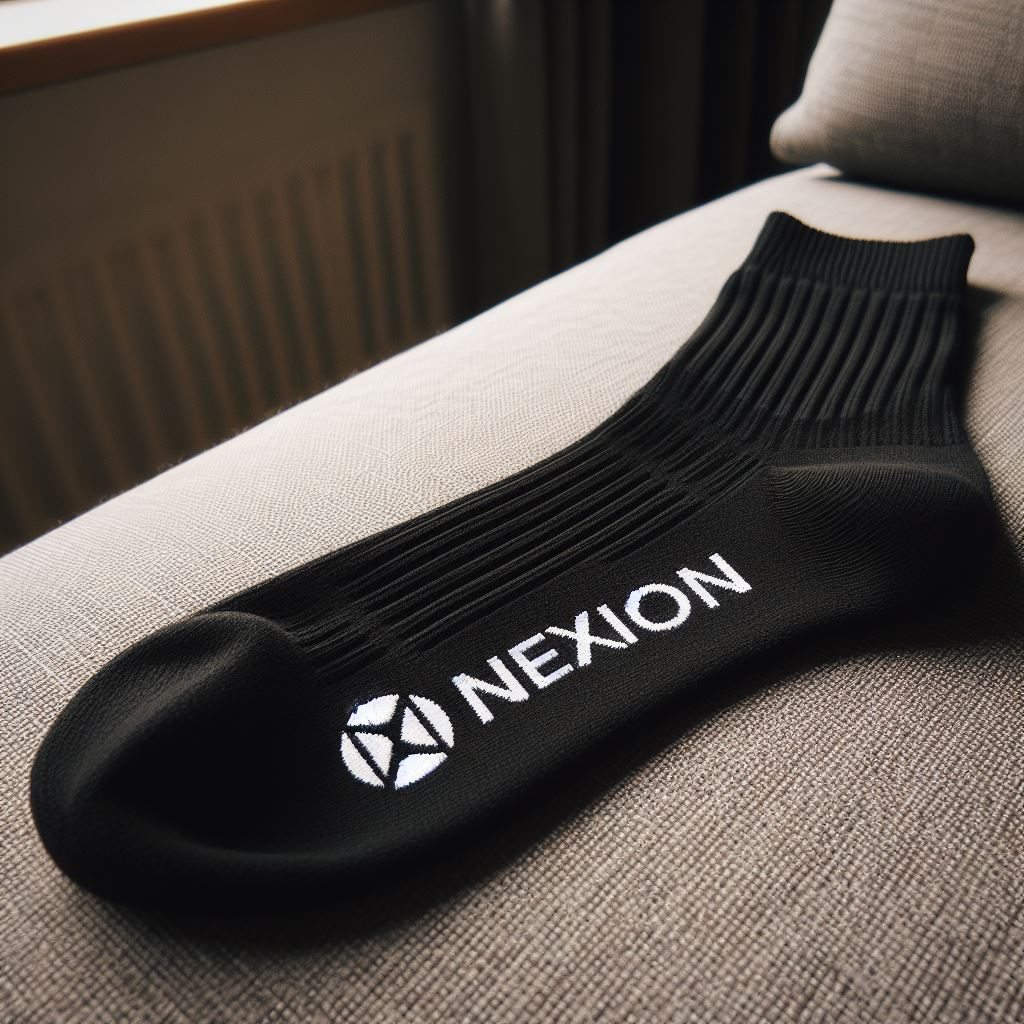A black-colored custom logo sock lying on a sofa.
