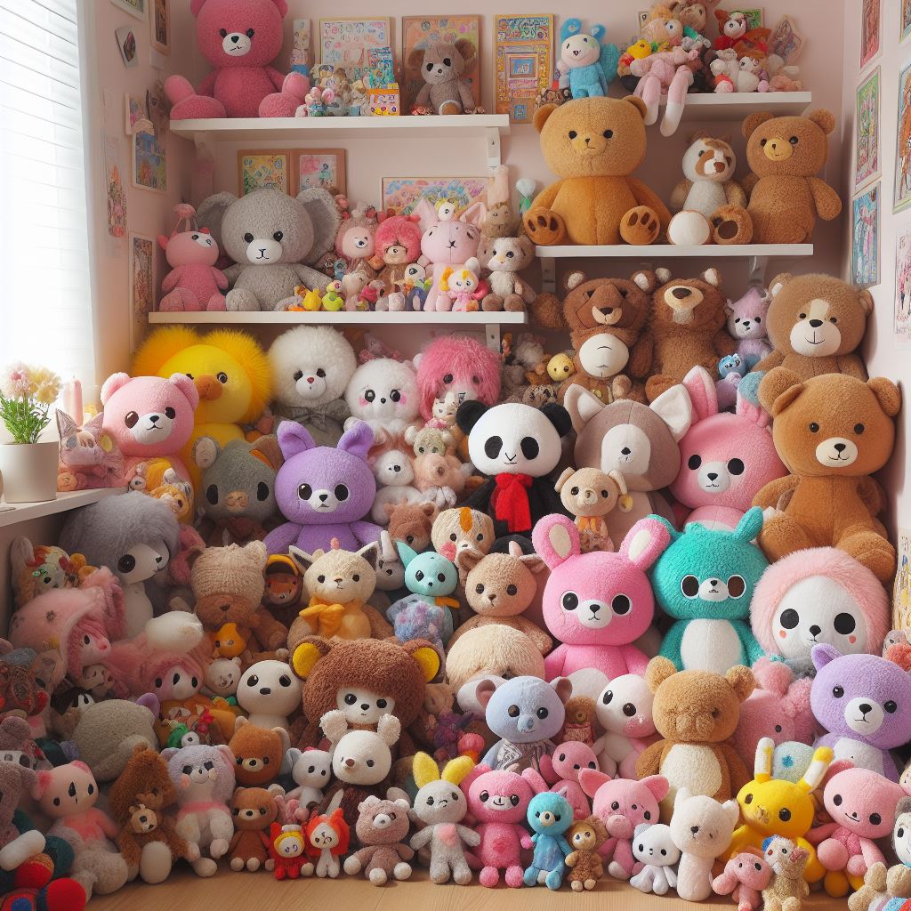 Various custom stuffed animals in a room.