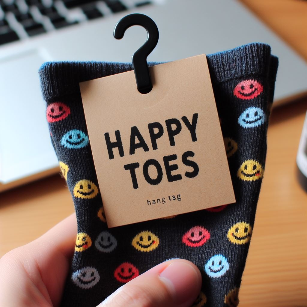 A person holding custom socks with a hang tag.