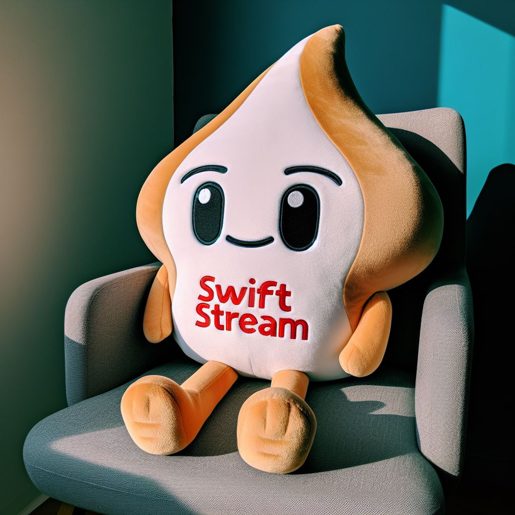 A custom plushie with the company's logo on a sofa.