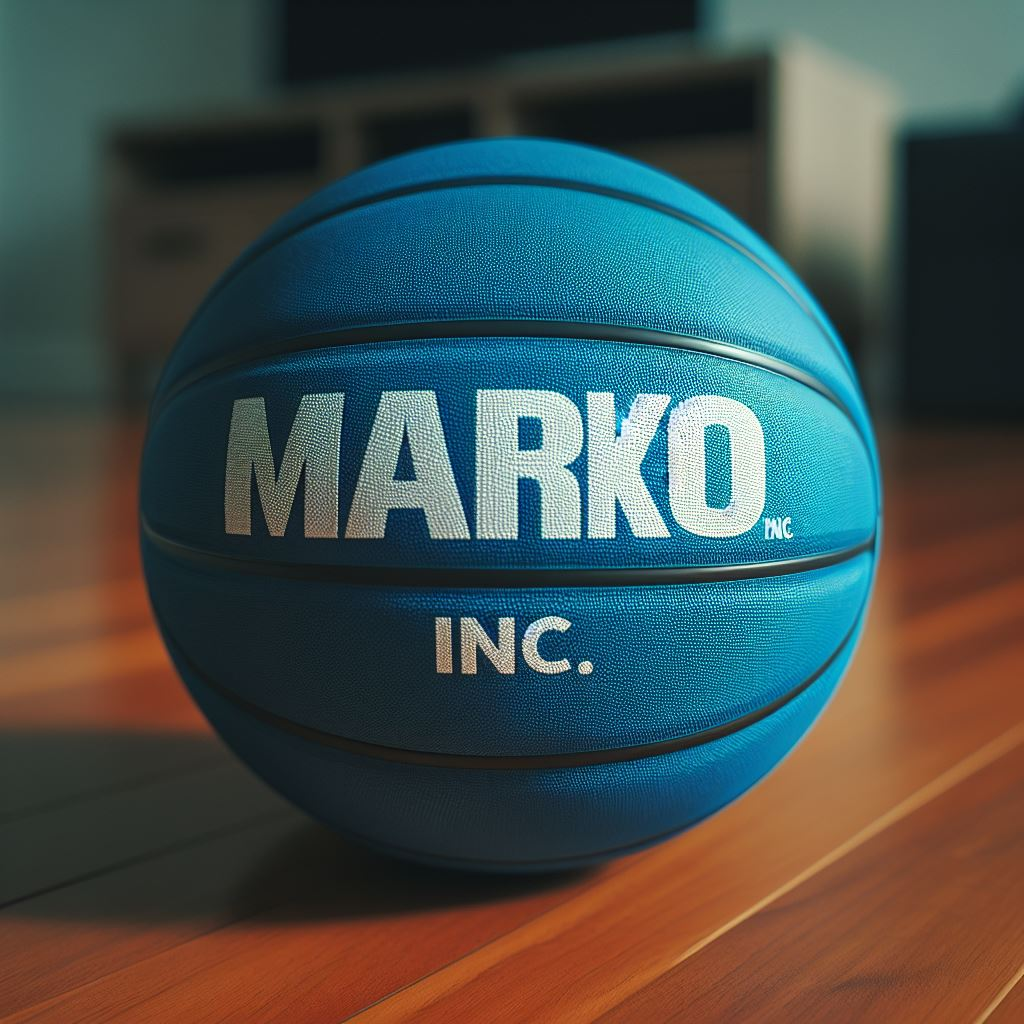 A blue custom basketball with the company's logo. The ball is on the floor.