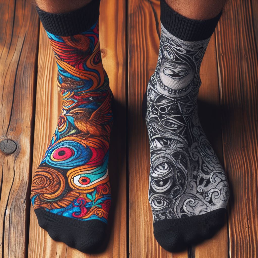 A pair of mismatched custom socks.