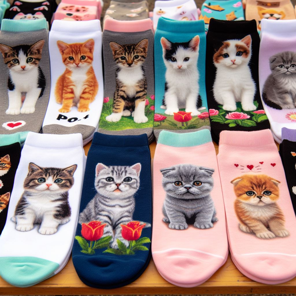 Various custom socks are made by EverLighten with pictures of cute cats. The socks are for a seller in different colors lying on a table.