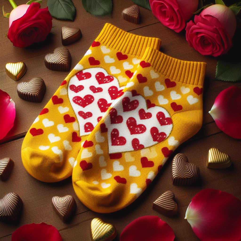 Yellow custom socks for Valentine's Day. It has hearts on it.