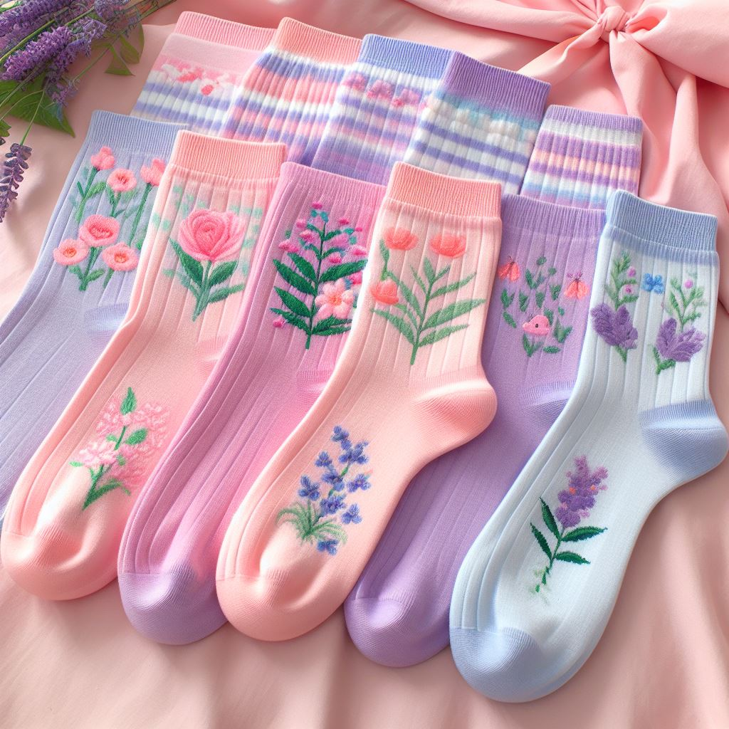 Custom socks for the spring with floral prints lying on a table.