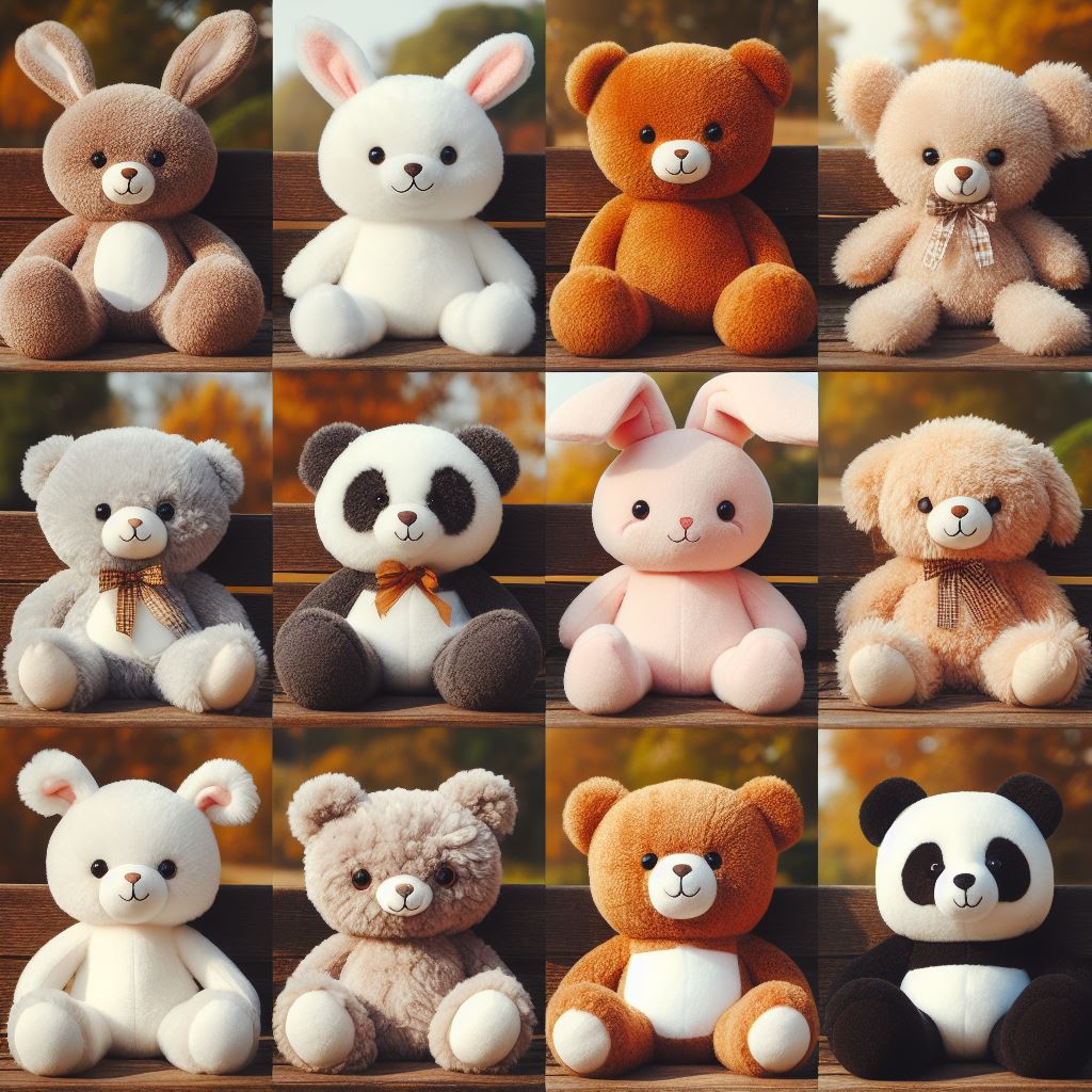 Various custom stuffed animals in different colors made by EverLighten.