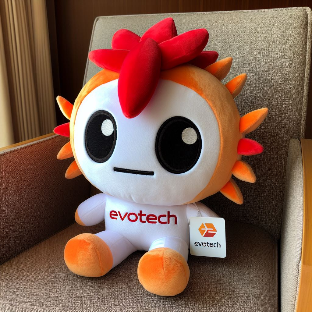 A custom plush mascot sitting on a chair. It has a logo on its chest.