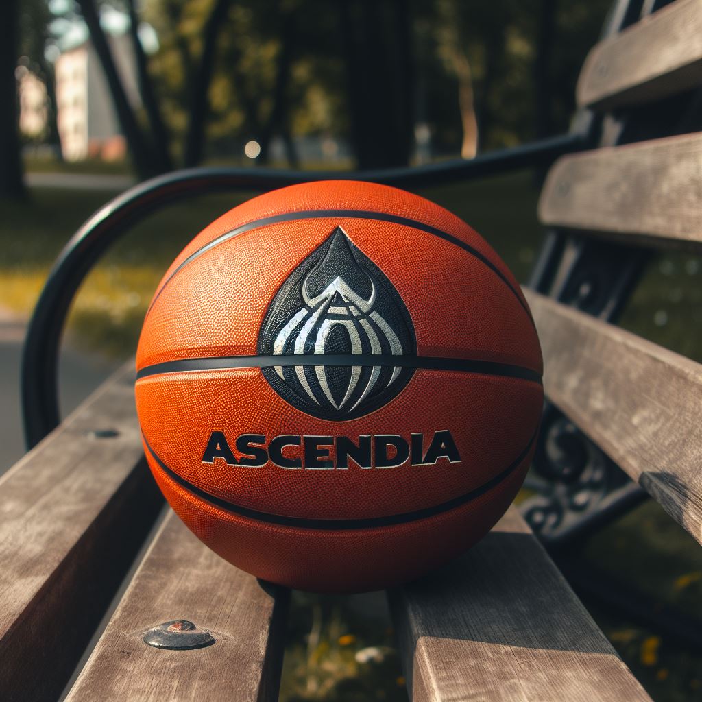 A cusotm logo basketball on a park bench.