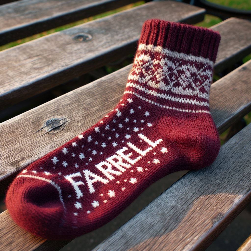 A red woolen custom socks on a park bench. It has the logo of the company on it.