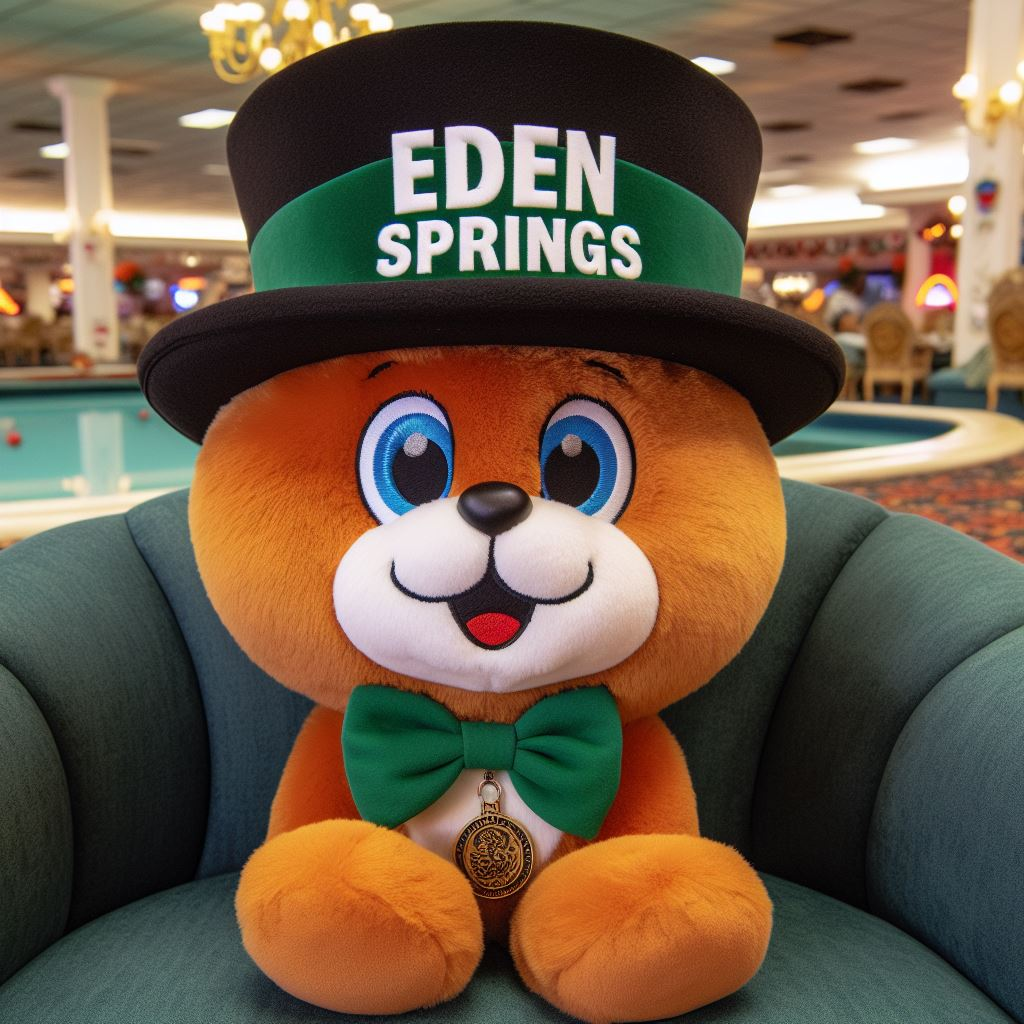 A cool-looking character custom plushie sitting on a sofa. The company's logo is on its top hat.