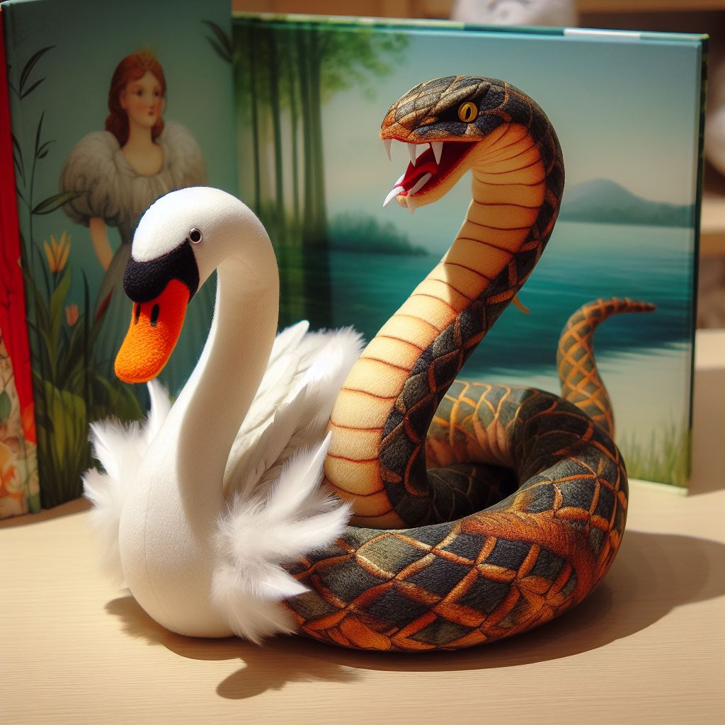 Custom plush toys from the book The Serpent and the Swan by Rebecca Schaeffer are kept on a table.