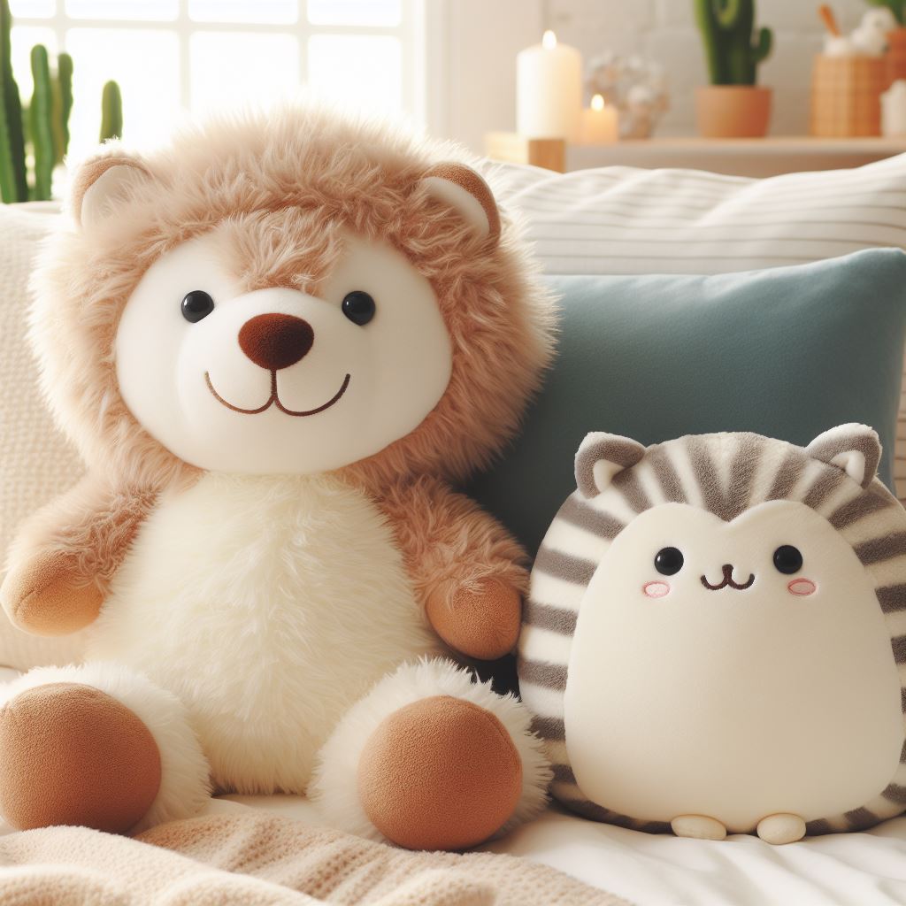 One custom plush toy and one custom plush pillow that resembles a cat on a bed.