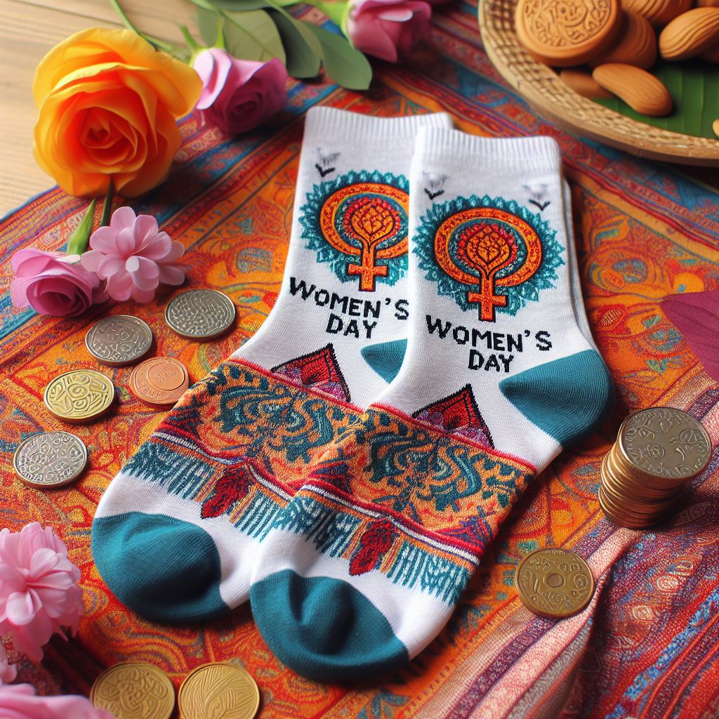 Custom socks to celebrate Women's Day. It is lying on a carpet.