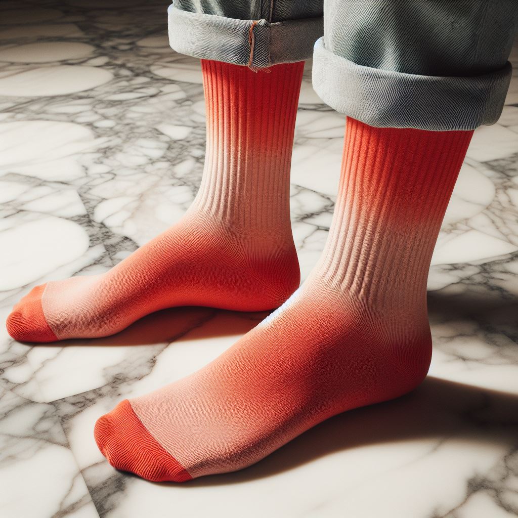 A person wearing custom socks for summer with lighter shades like coral or tomato red for a summery feel.