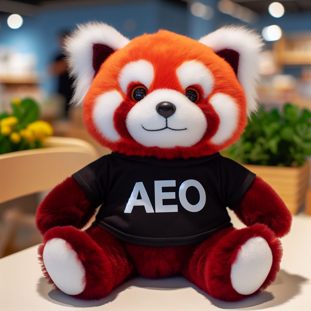 A red panda custom plush toy. It has the company's logo on its t-shirt. It is sitting on a table.