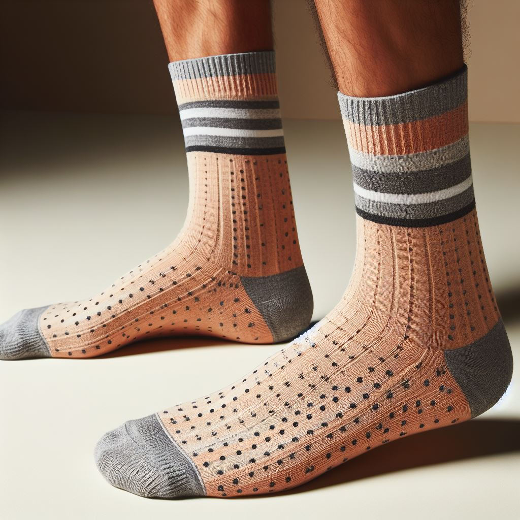 A person wearing custom socks in Pantone's color of the year Peach Fuzz made by EverLighten.