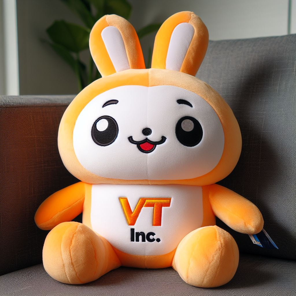 An orange and white custom plush toy bunny with a company's logo on it. It is sitting on a sofa.