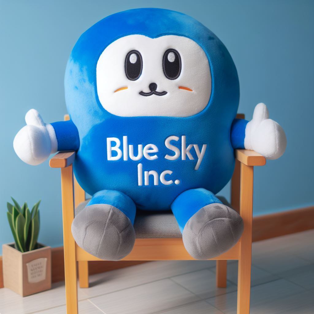 A custom plush mascot sitting on a chair. It is blue and the logo is white.